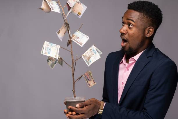 Surprised Business Man Holding A Plant With Money As Leaves